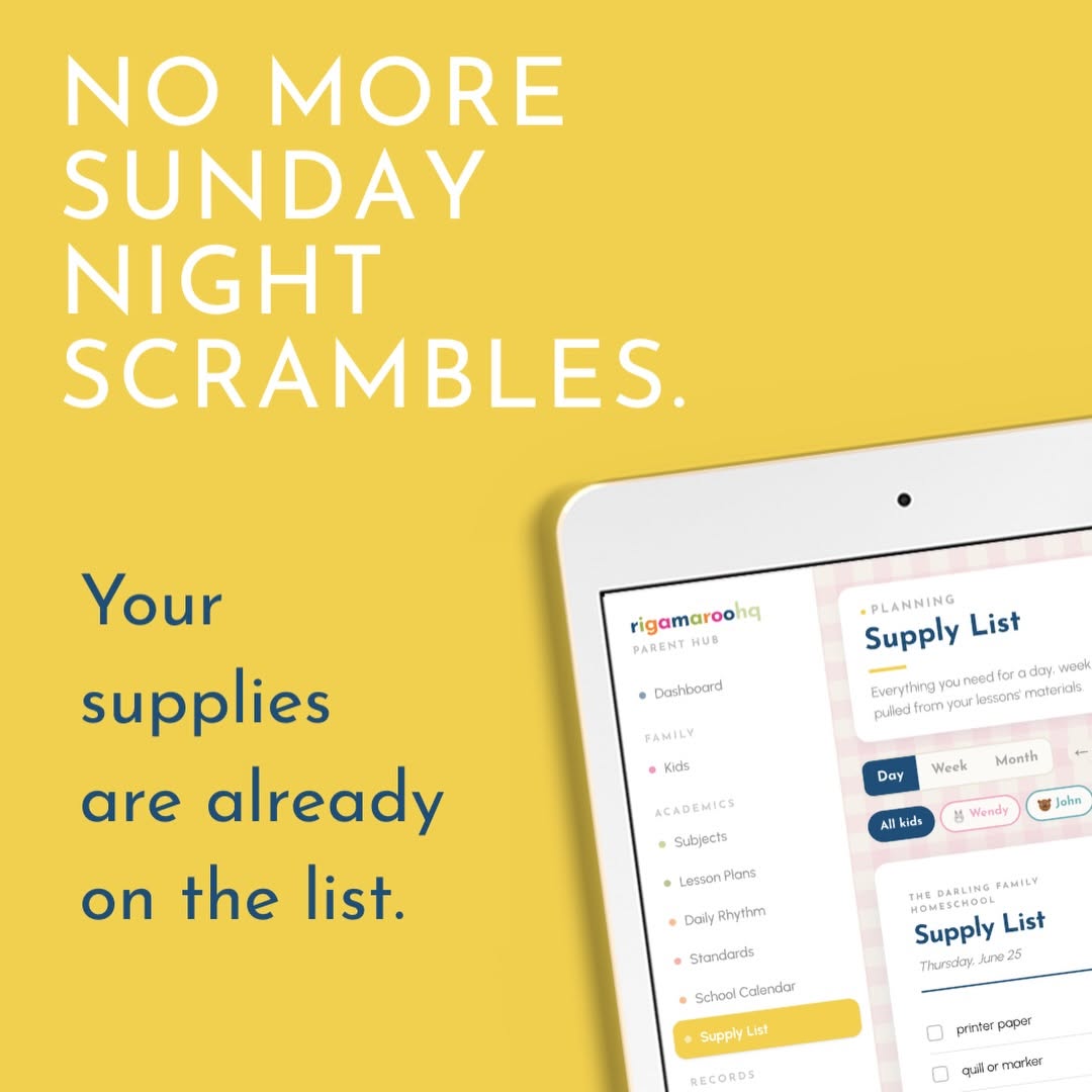 Rigamaroo supply list feature on a tablet: no more Sunday night scrambles