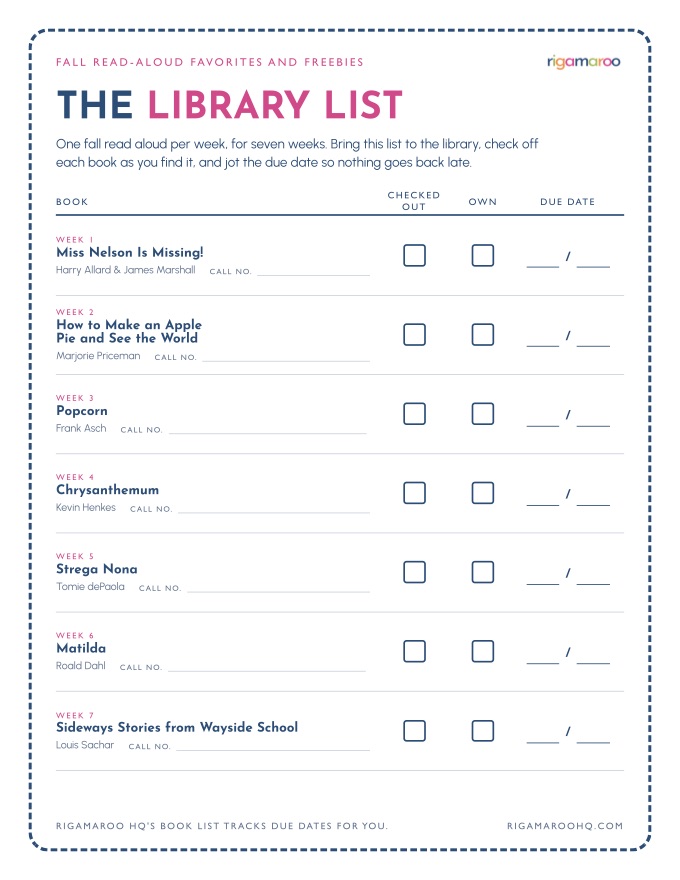 The Library List printable: seven fall read-alouds by title and author, and columns for checked out, own, and due date