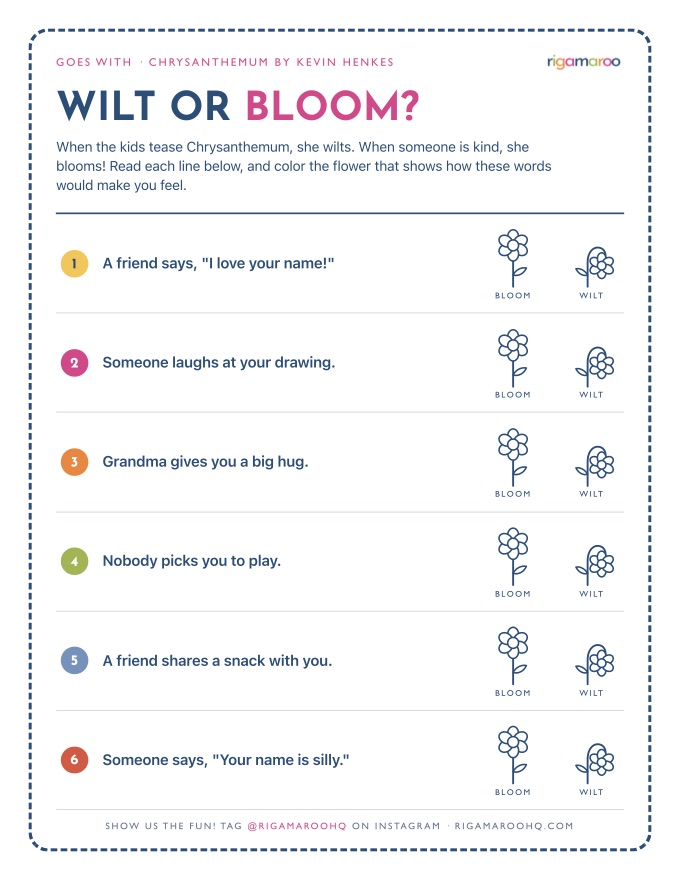 Wilt or Bloom?: six things someone might say or do, each with a blooming flower and a wilting flower to color for how the words would make you feel