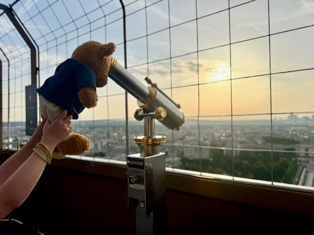 A teddy bear held up to a coin telescope at the top of the Eiffel Tower at sunset